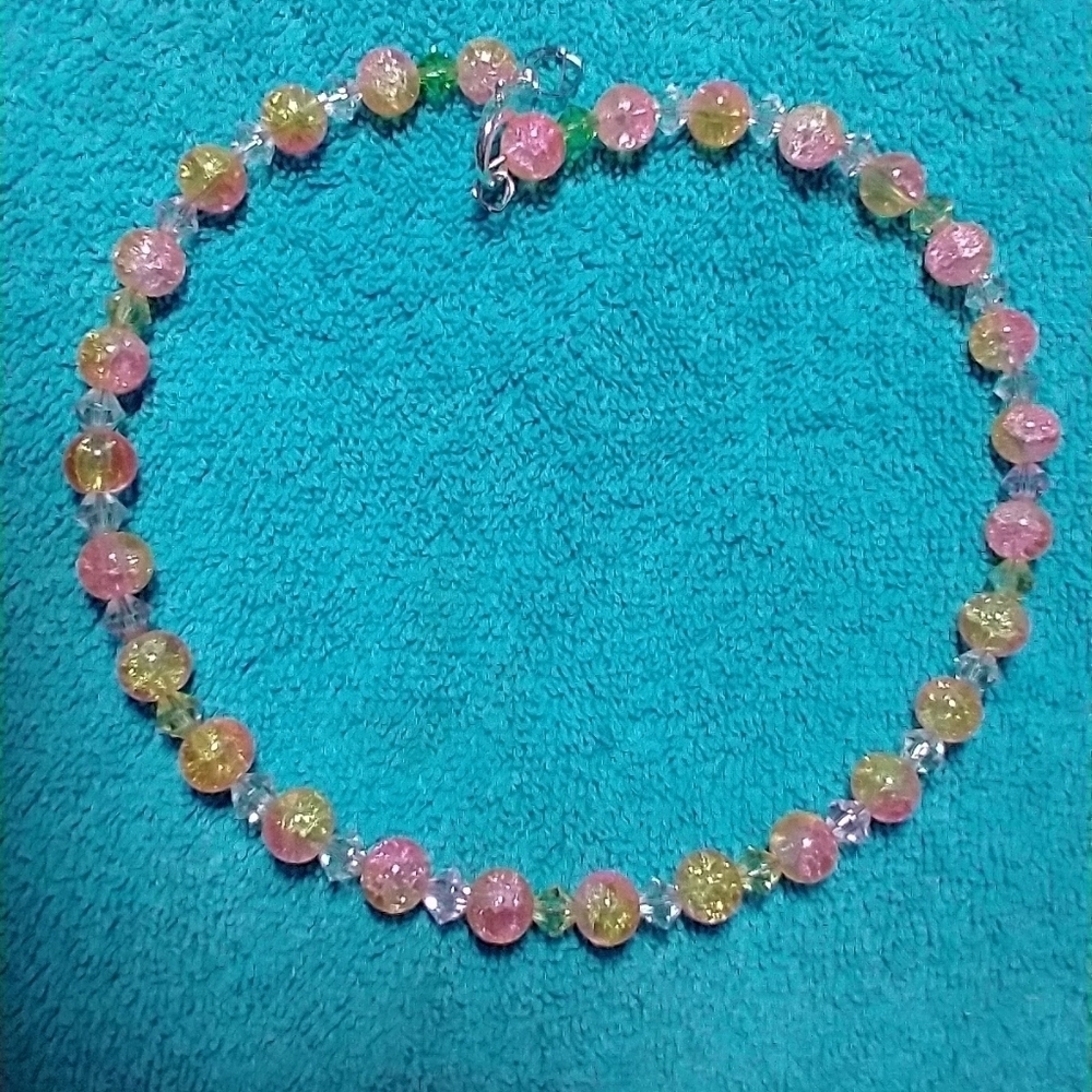 Pink yellow clear green cracked glass wire necklace handmade